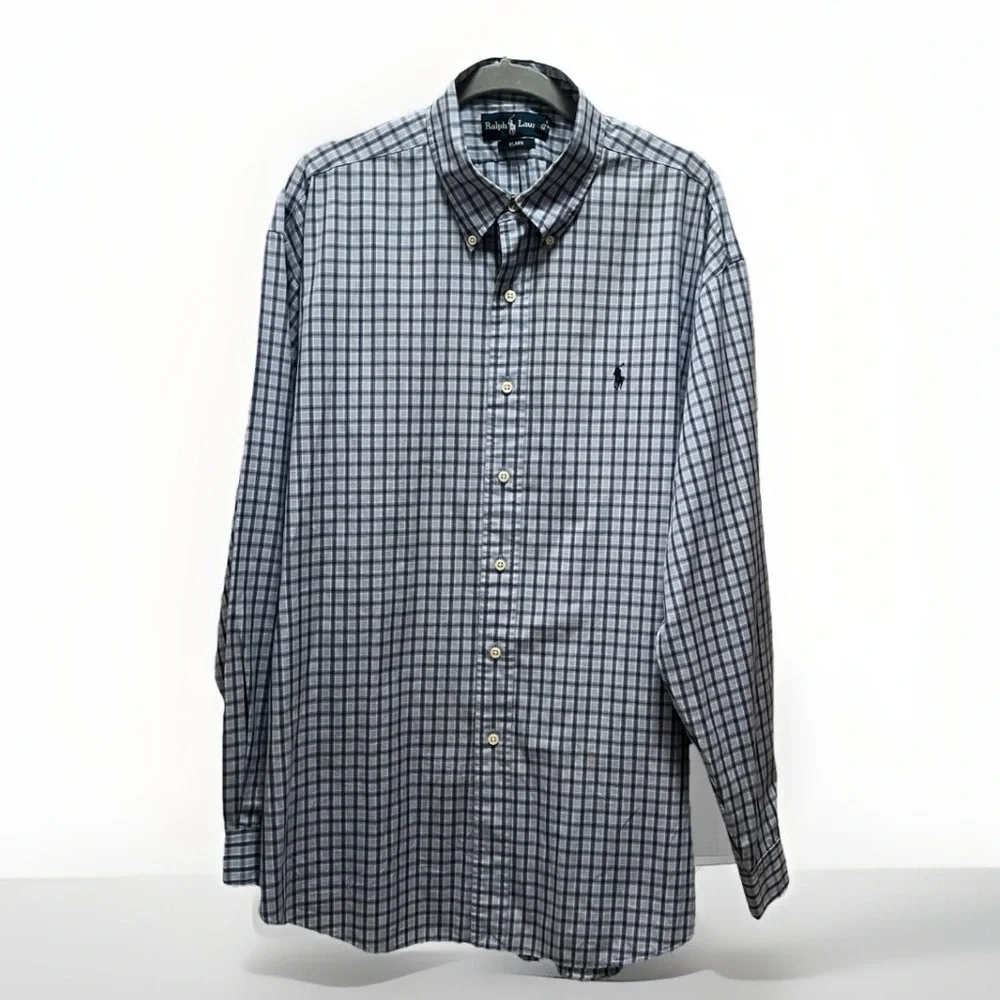 $15 SALE Ralph Lauren Blake Cotton Designer‎ Shirt Men XL Blue Check Long Sleeve
